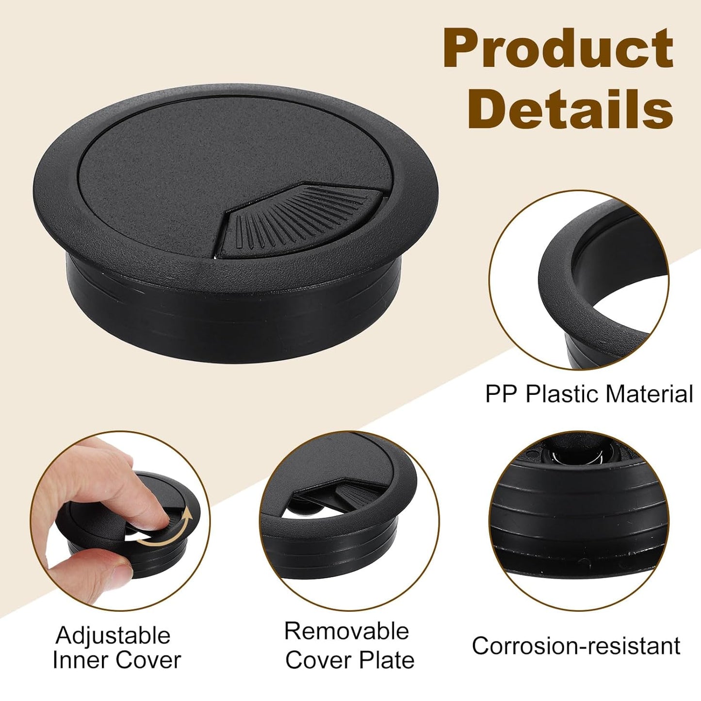 uxcell 8 Pcs 53mm (2.09 Inch) Desk Grommet, Plastic Cable Hole Cover, Wire Cord Cable Organizer for Home Office Computer Desk Cabinet, Black