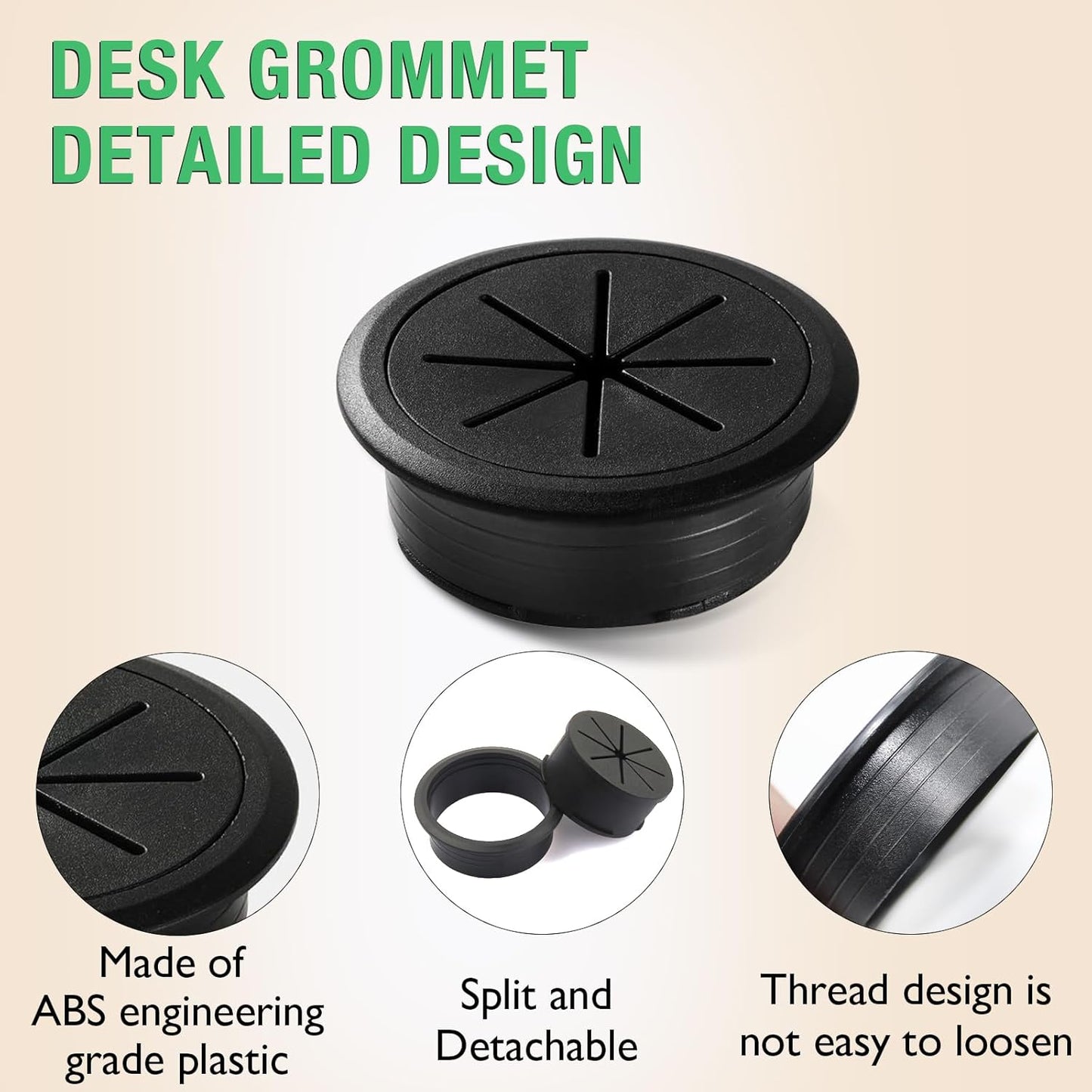 2 Pcs Desk Grommet 2-3/8" / 60 mm, Desk Hole Cover for Cables Beige, Cable Grommet ABS Plastic, Desk Hole Grommet for Home & Office Pc, Detachable Cable Cord Organizer