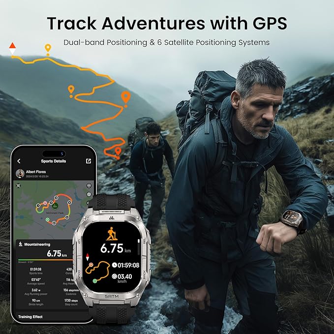 KOSPET Tank M4C Outdoor Smart Watch with GPS, 1.96" AMOLED Display, Built-in LED Flashlight & Walkie-Talkie, Long Battery Life, 5ATM Waterproof, Bluetooth Calls, 24/7 Heart Rate/Sleep Monitor