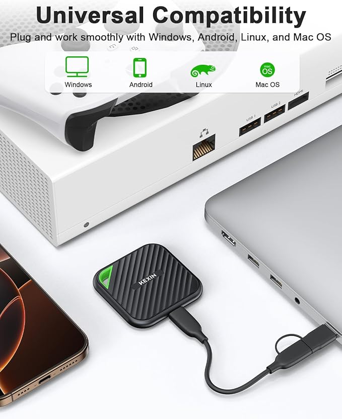 KEXIN External SSD 512G USB C Portable SSD Up to 2000MB/s External Solid State Drive USB 3.2 Gen 2x2 Type-C Portable Solid State Drive for PC Mac Game Console