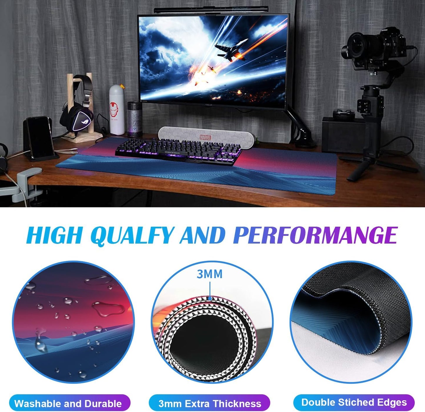 Mountain Peak Beautiful Scenery Game XXL Mouse Pad, Sunset Hill Extended Computer Decorative Table Pad with Stitched Edge Anti Slip Base Mouse Pad 35.4 x 15.7 x 0.12 Inches