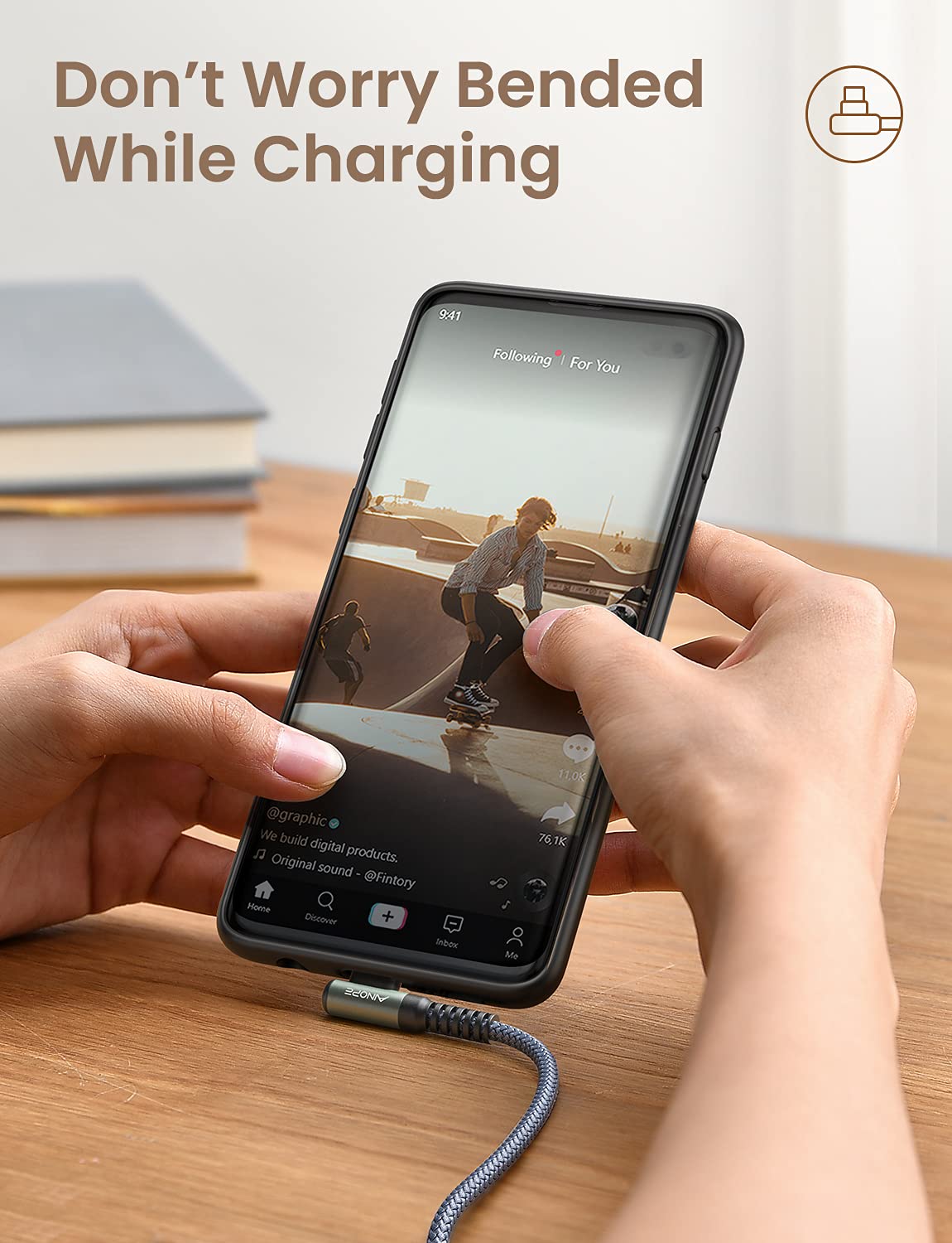 AINOPE 2-Pack 0.5ft USB C Cable, 3.1A Fast Charging, Right Angle, Durable Nylon Braided, Compatible with Galaxy S22 S21 Plus S20, Note 10 9 LG, Type C Charger