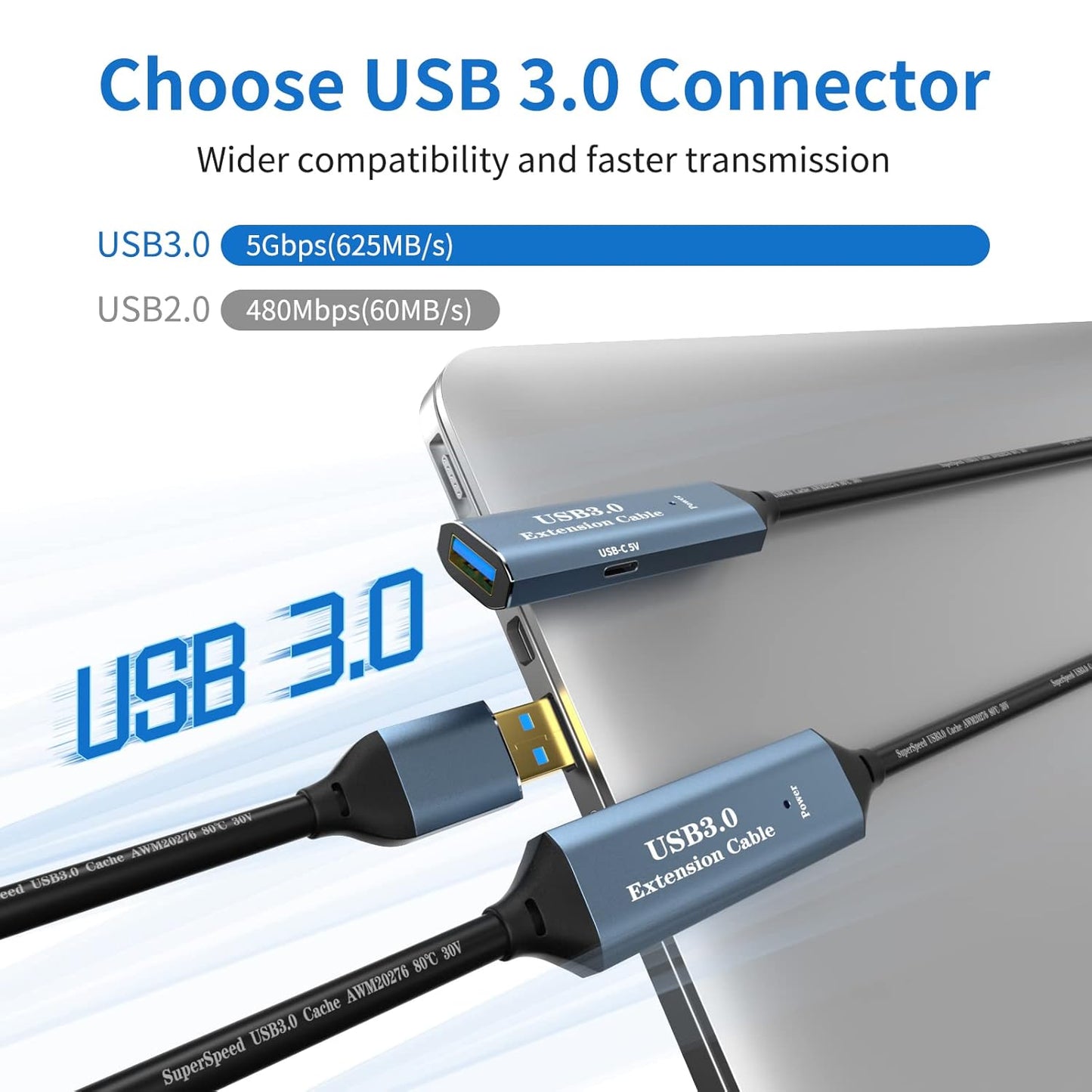 USB 3.0 Extension Cable 100FT Type A Male to Female Active Extender Cord with 4 Extension Chipsets Signal Booster and 1 USB-C Charging Port, for Webcam, PlayStation, Printer, Camera