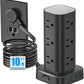 Flat Plug Power Strip Tower Surge Protector, 10FT Flat Extension Cord with Multiple Outlets, 12 AC Outlets, 4 USB Ports (2 USB C) Charging Station for Office Home Dorm Room Travel (Black)