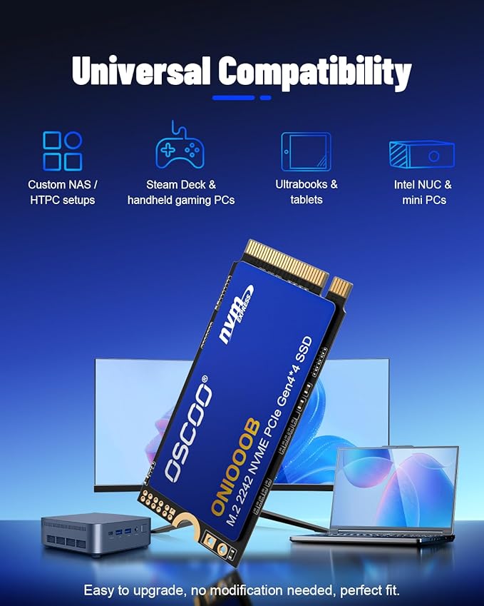 1TB M.2 2242 Gen4x4 NVMe PCIe SSD, Up to 5400MB/s Read, 3D NAND, Compact SSD for Ultrabooks, Laptops, Intel NUC, Lenovo ThinkPad, Dell Latitude, HP EliteBook, Mini PCs, Embedded Systems