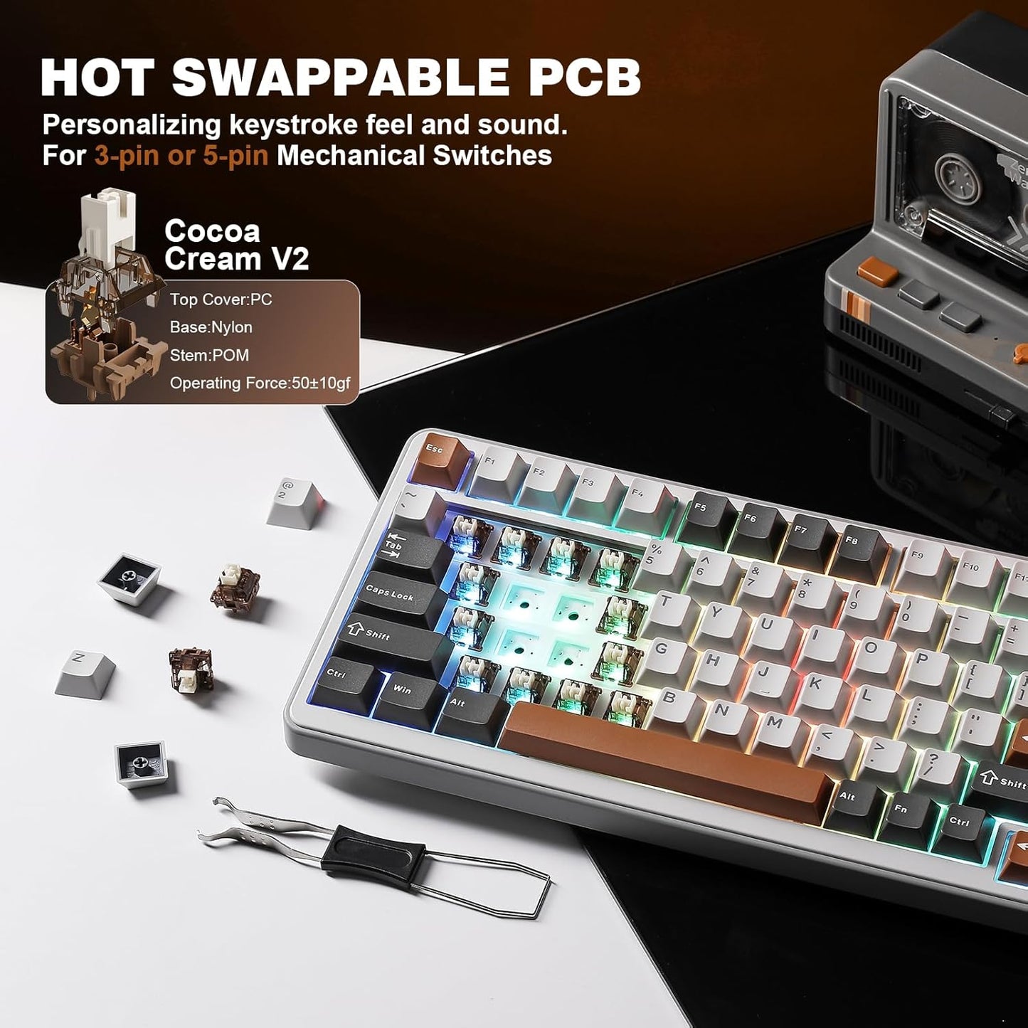YUNZII B75 PRO Wireless Mechanical Keyboard,75% Layout with Knob,Hot Swap Gasket Custom Structure,Creamy Pre-lubed Switches,RGB Backlit,Bluetooth/Type-C/2.4G for Win/Mac(Cocoa Cream V2 Switch,Grey)