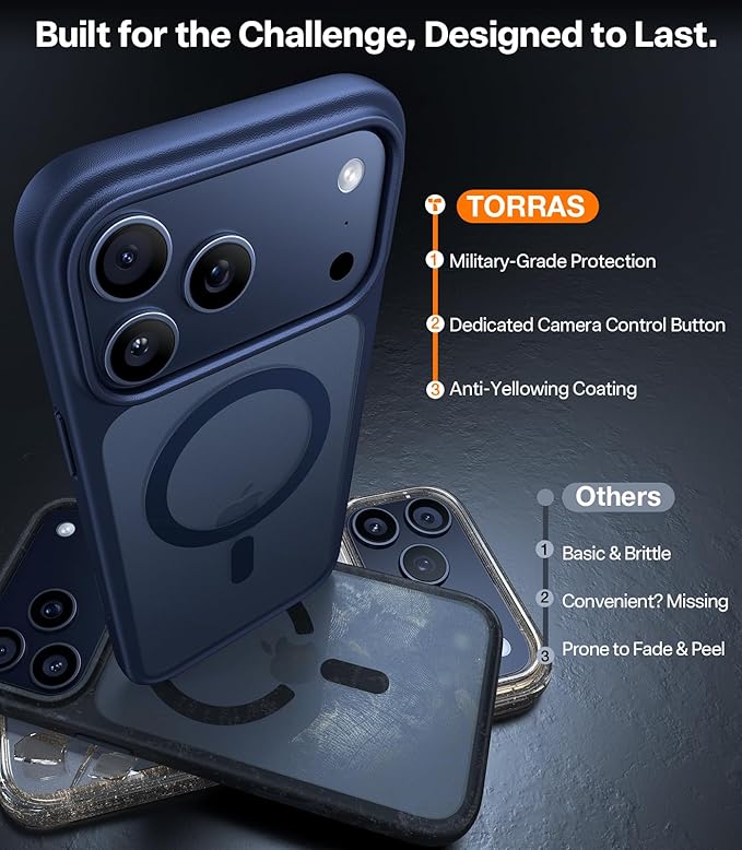 TORRAS Magnetic Shockproof for iPhone 17 Pro Case, Camera Control, Fit for MagSafe, Military-Grade Protection, Translucent Slim Case for iPhone 17 Pro Phone Case Anti-Fingerprint, Deep Blue