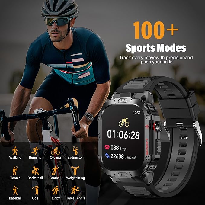 Military Smart Watch for Men, 2.02" Outdoor Sport Smartwatch with Flashlight, Heart Rate Blood Oxygen Blood Pressure Sleep, 100+ Sport Modes Fitness Tracker Compatible Android and iOS Black