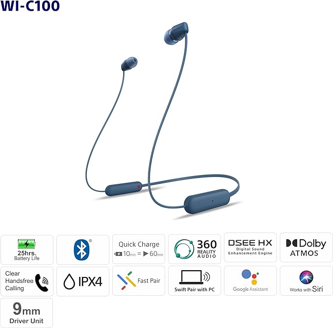 Sony WI-C100 Wireless in-Ear Bluetooth Headphones with Built-in Microphone,Blue,(Pack of 2)