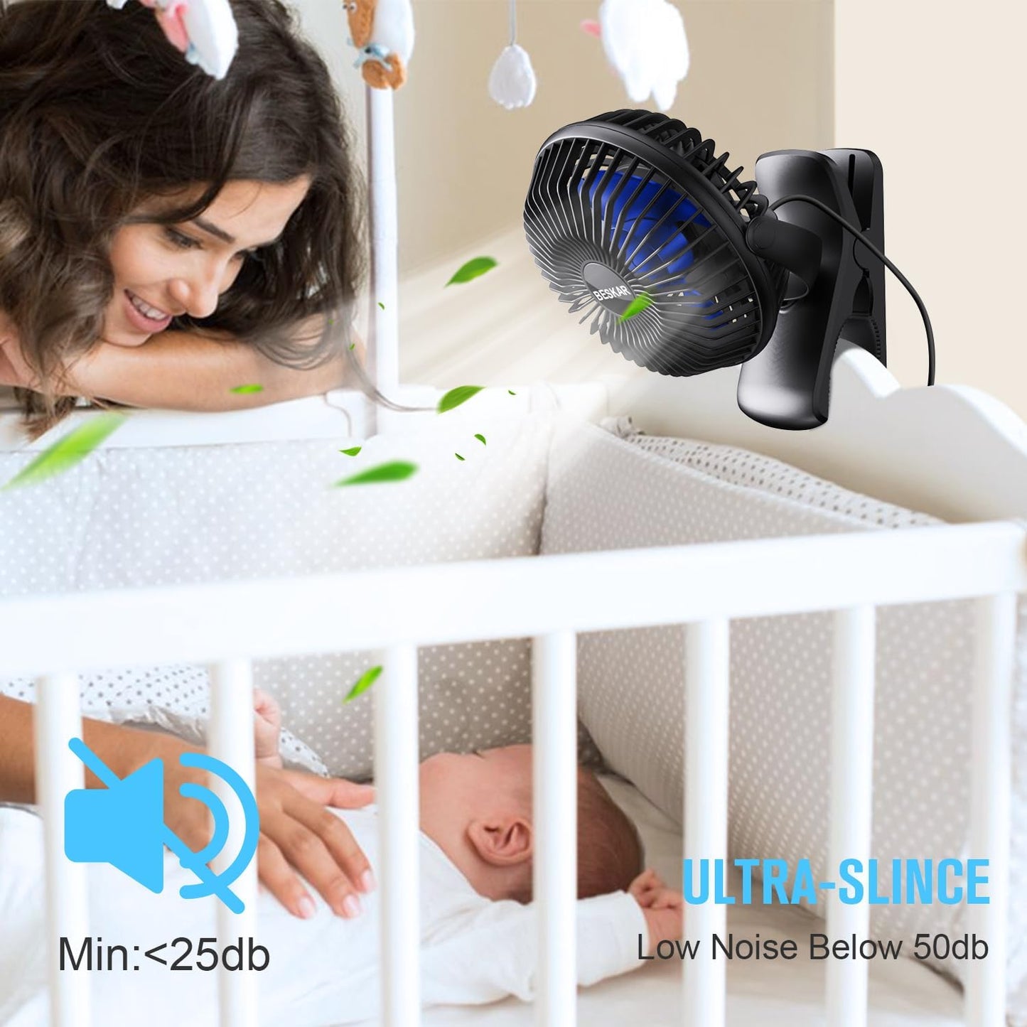 BESKAR USB Clip on Fan, Portable Small Fan with Cord Powered, 3 Speeds Strong Airflow, with Sturdy Clamp, Quiet Personal Desk Fan
