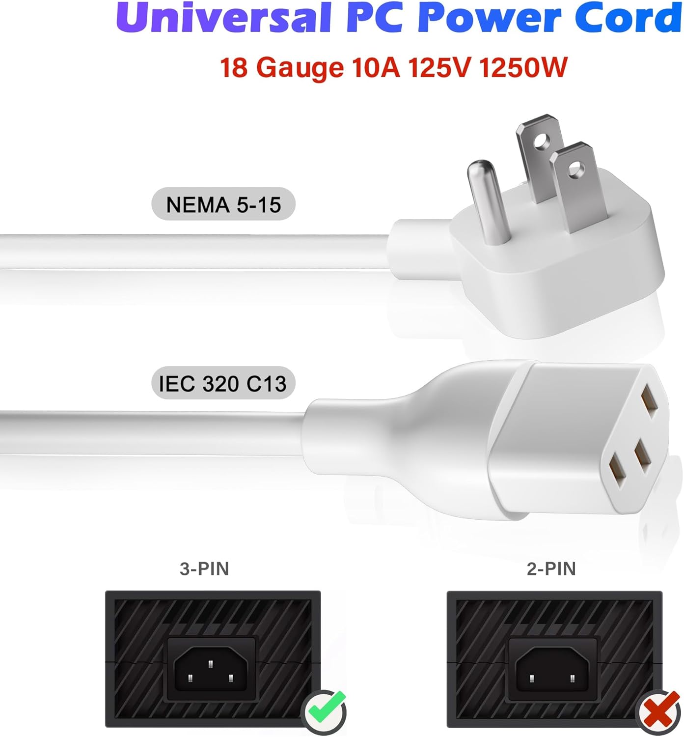 Adoreen 2 Ft Computer TV Replacement Power Cord White, Low Profile Flat Plug 18AWG 3-Prong AC Universal Power Supply Cable NEMA 5-15P to IEC 320 C13 for Printer, PC, Monitor TV LCD, ETL+Ties