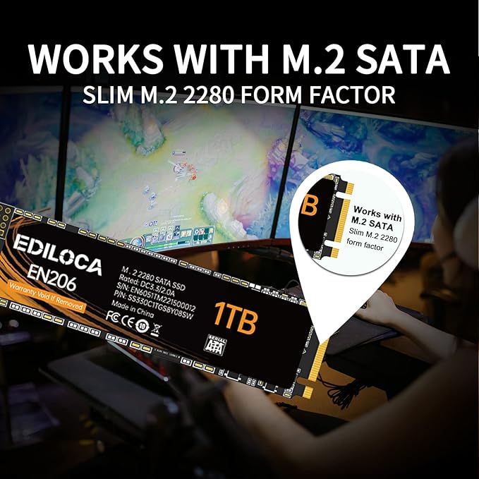 EN206 1TB SSD M.2 SATA III 6Gb/s 3D TLC NAND, M.2 2280 SSD Internal Solid State Drive, Read/Write Speed up to 550/480 MB/s, Compatible with Laptop & PC Desktop
