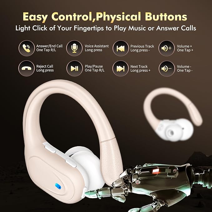 Wireless Earbuds, Sports Bluetooth Headphones, 80Hrs Playtime Ear Buds with LED Power Display, Noise Canceling Headset, IPX7 Waterproof Earphones for Workout/Running (Camel)