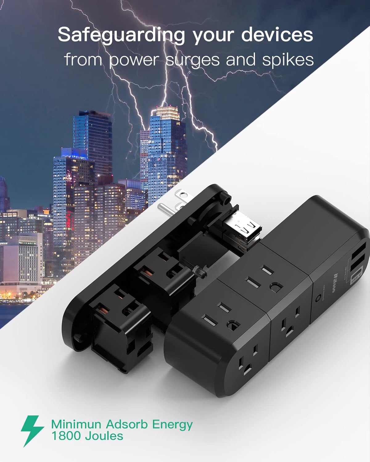 Surge Protector USB Outlet Extender with Rotating Plug, 6 AC Multi Plug Outlet and 3 USB Ports (1 USB C), 3-Sided Swivel Power Strip Outlet Splitter for Home, Dorm Room Essentials (2 Pack)