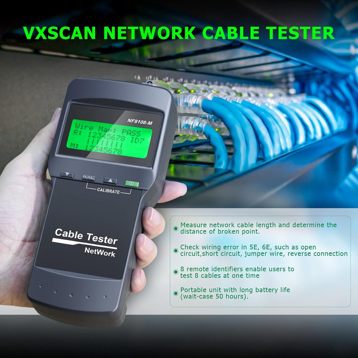 RJ45 Network Cable Tester, VXSCAN 8 Remote Units Network LAN Length Ethernet Cable Tester Kits for Cat5/CAT5e/CAT6/CAT6e - Locate The Breakage Point Length Measurement & Continuity Checking