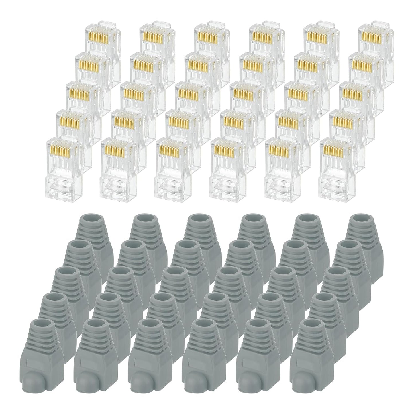 MECCANIXITY 60pcs Cat6 RJ45 Pass Through Connectors, RJ45 Connector 8P8C Gold Plated Plugs with 60pcs Dark Grey Strain Relief Boots for Solid or Stranded UTP Ethernet Cable, 1.1mm