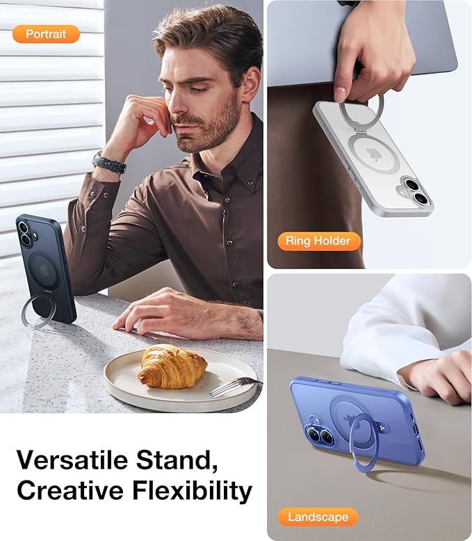 TORRAS Magnetic for iPhone 16 Case with Stand, Built-in Stand Compatible with MagSafe, 3X Military-Grade Protection, Translucent Slim Phone Case for iPhone 16 6.1'', Matte Blue
