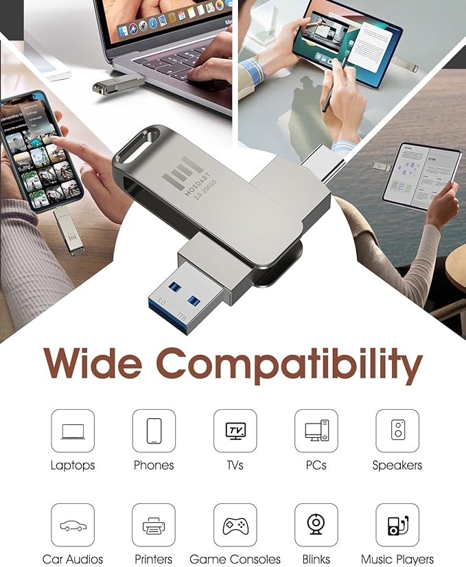MOSDART 256GB USB C 3.2 Fast Speed C and A Dual Flash Drive, exFAT Memory Stick with Keychain Loop, for iPhone 15,16,17, Android Phone, iPad, MacBook, Silver