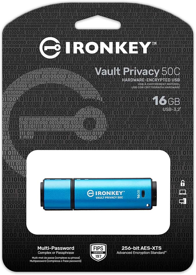 Kingston Ironkey Vault Privacy 50 USB-C 16GB Flash Drive | FIPS 197 Certified | XTS-AES 256-bit | BadUSB and Brute Force Protection | Mult-Password Option | IKVP50C/16GB