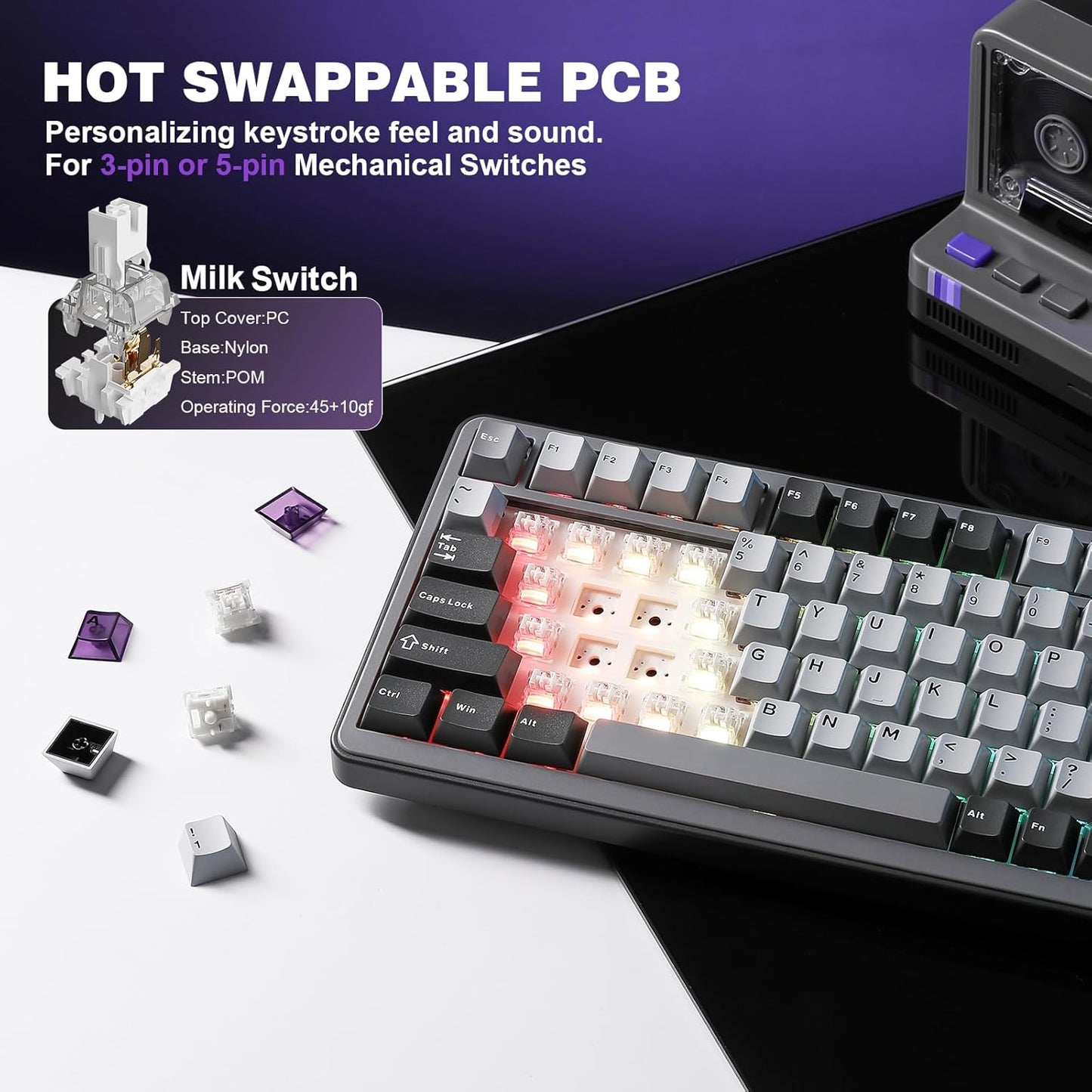 YUNZII B75 PRO Wireless Mechanical Keyboard,75% Layout with Knob,Hot Swap Gasket Structure,Creamy Pre-lubed Switches,RGB Backlit,Bluetooth/Type-C/2.4G for Win/Mac (Dark Grey, Milk Switch)