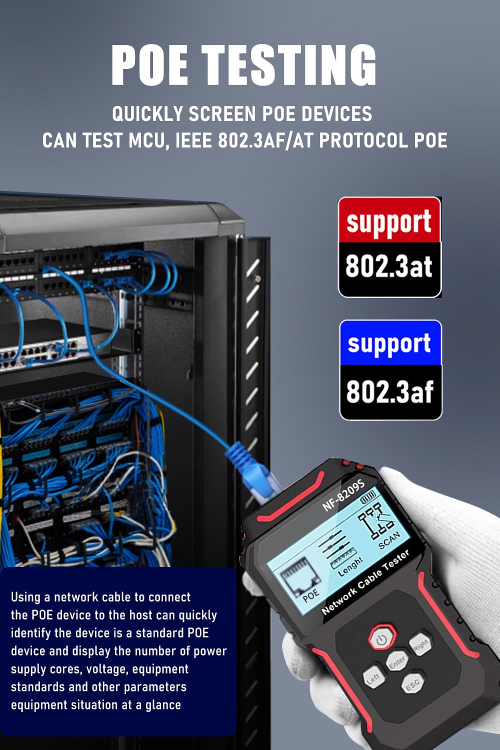 NF-8209S Network Cable Tester, RJ45 Ethernet Tester for POE/Cat5/Cat7/Cat6a/Cat6/Cat5e, Wire Mapper, Length, Open/Short, Wire Fault Locator, Ethernet LAN Network Toner Tool