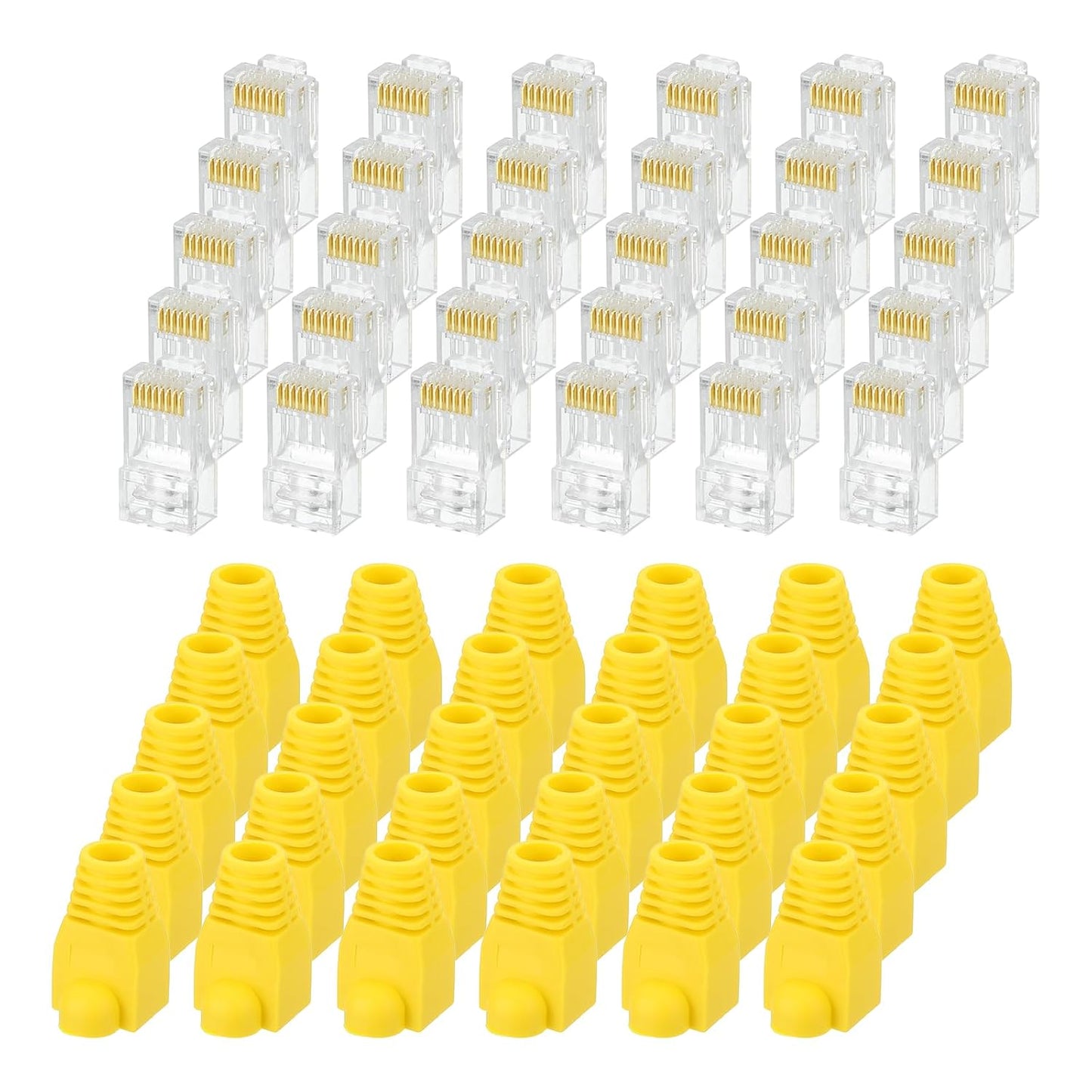 MECCANIXITY 60pcs Cat6 RJ45 Pass Through Connectors, RJ45 Connector 8P8C Gold Plated Plugs with 60pcs Yellow Strain Relief Boots for Solid or Stranded UTP Ethernet Cable, 1.1mm