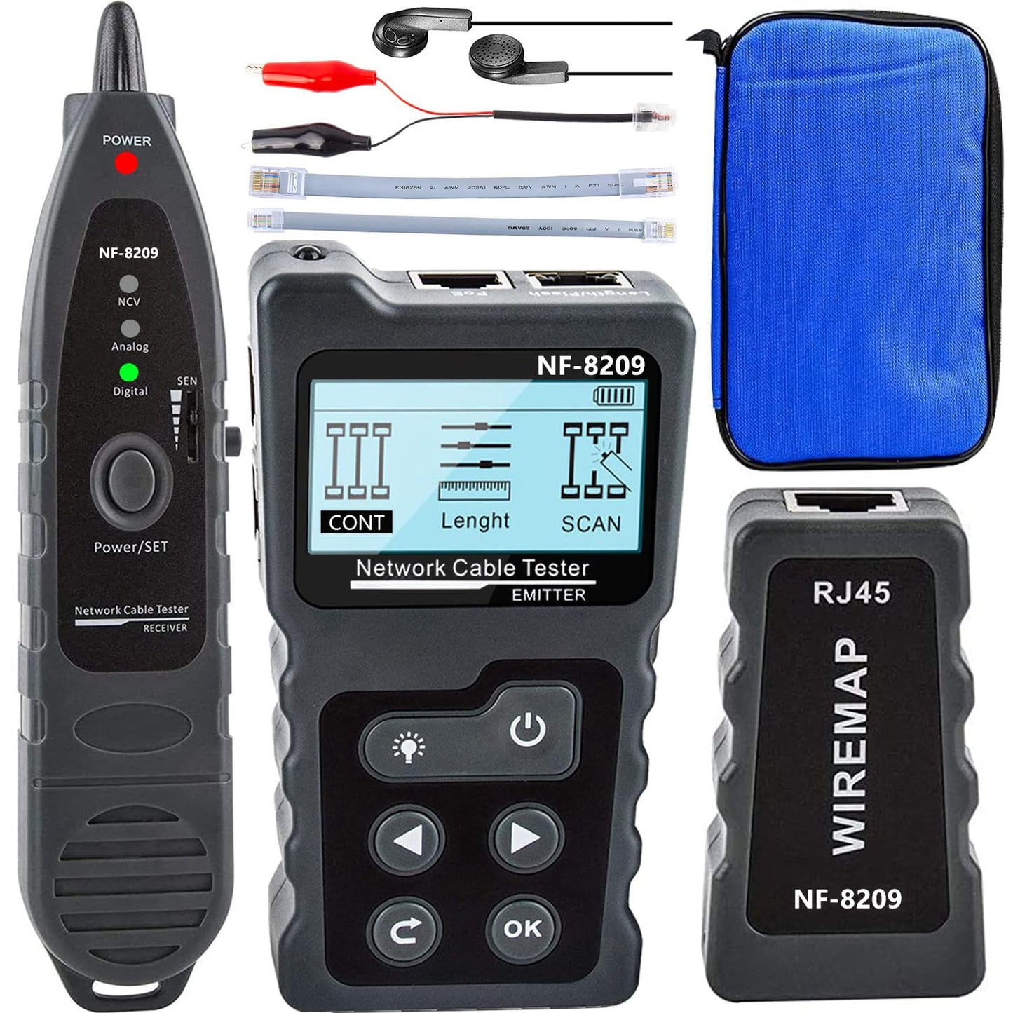 NF-8209 Network Cable Tester for POE Test/CAT5e/CAT6/CAT6a LAN Ethernet Wire Tracer,Detect Voltage Measure Fault Distance by TDR,Telephone Line Continuity Testing and Length Measurement