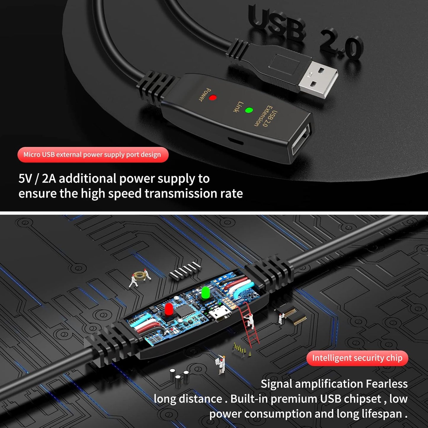 LDKCOK 100FT Active USB Extension Cable 2.0 Male to Female with A Extension chipset Signal Booster - Active Extension/Repeate