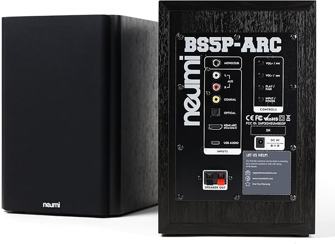 NEUMI BS5P-ARC 75-Watt Powered Bookshelf Speakers, Bluetooth, HDMI, USB, Optical, Coaxial, Remote Control, 5-Inch Woofer, 1-Inch Tweeter, Dark Wood, 1 Pair