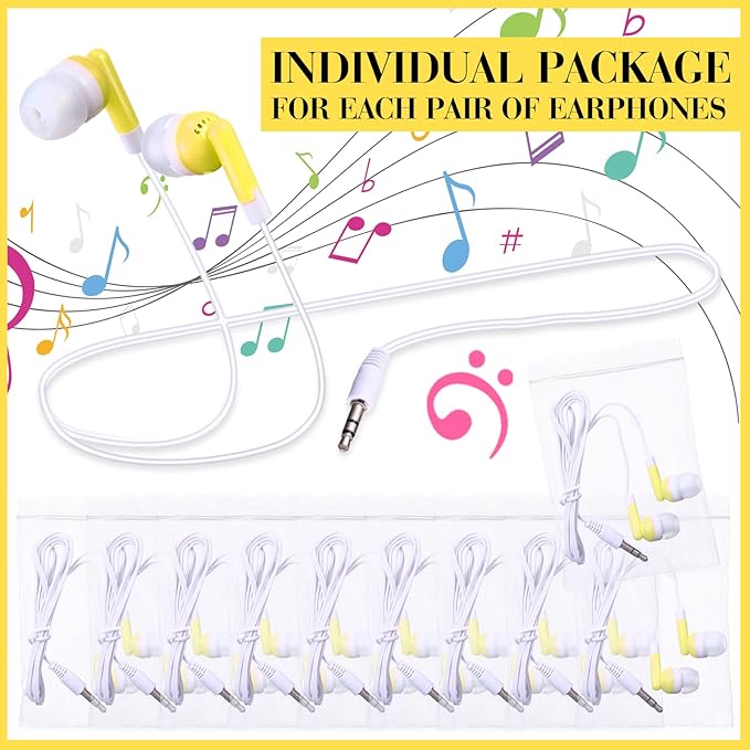 Konohan 100 Pcs Bulk Earbuds with Wire Basic Headphones in Ear for Libraries Laptop, No Microphone 3.5 mm Jack Earbuds Dot Headphones, Individually Bagged (Yellow)