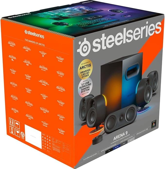 SteelSeries Arena 9 Illuminated 5.1 Desktop Gaming Speakers – 5.1 USB Surround Sound – Wireless Rear Speakers – 2-Way Speaker Design – Subwoofer – RGB Light, Bluetooth – PC, PlayStation, Mobile, Mac