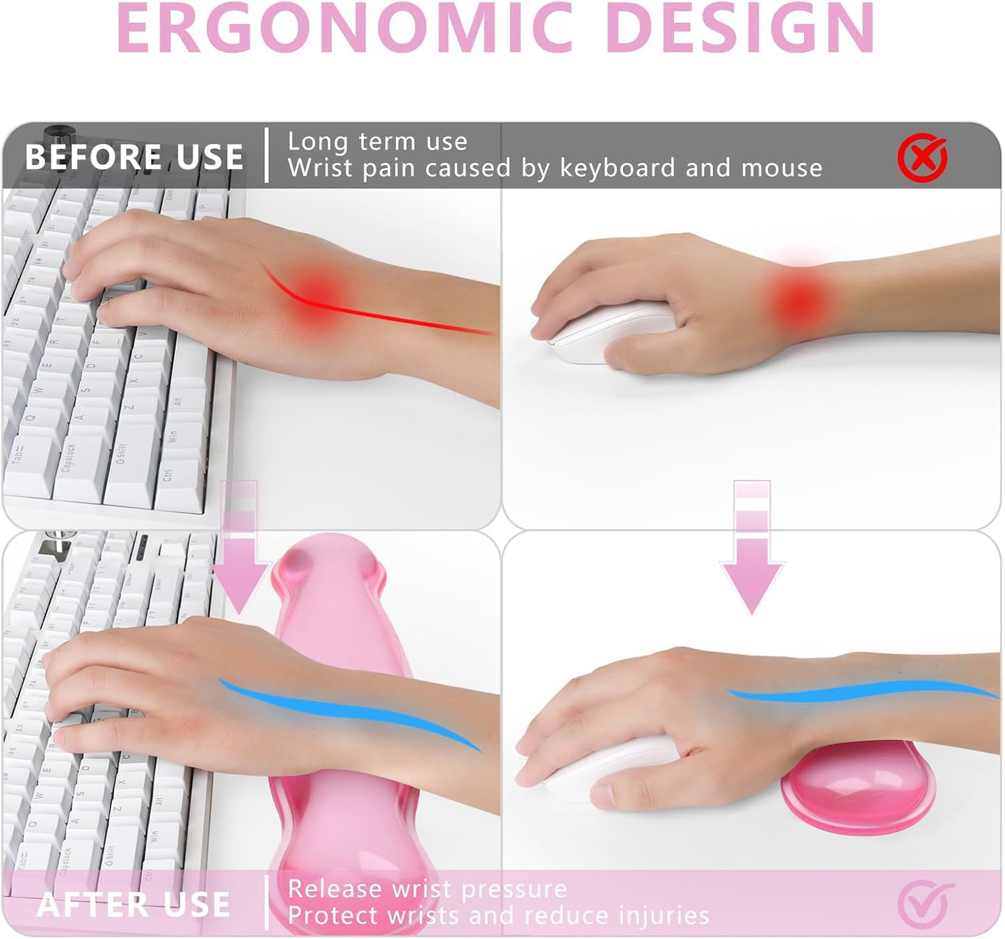 Gel Keyboard and Mouse Wrist Rest, Cute Wrist Support and Arm Support Keyboard Rest for Keyboard and Mouse Typing Pain Relief，Suitable for Office/Computer/Laptop/Gaming (Transparent Pink Set)