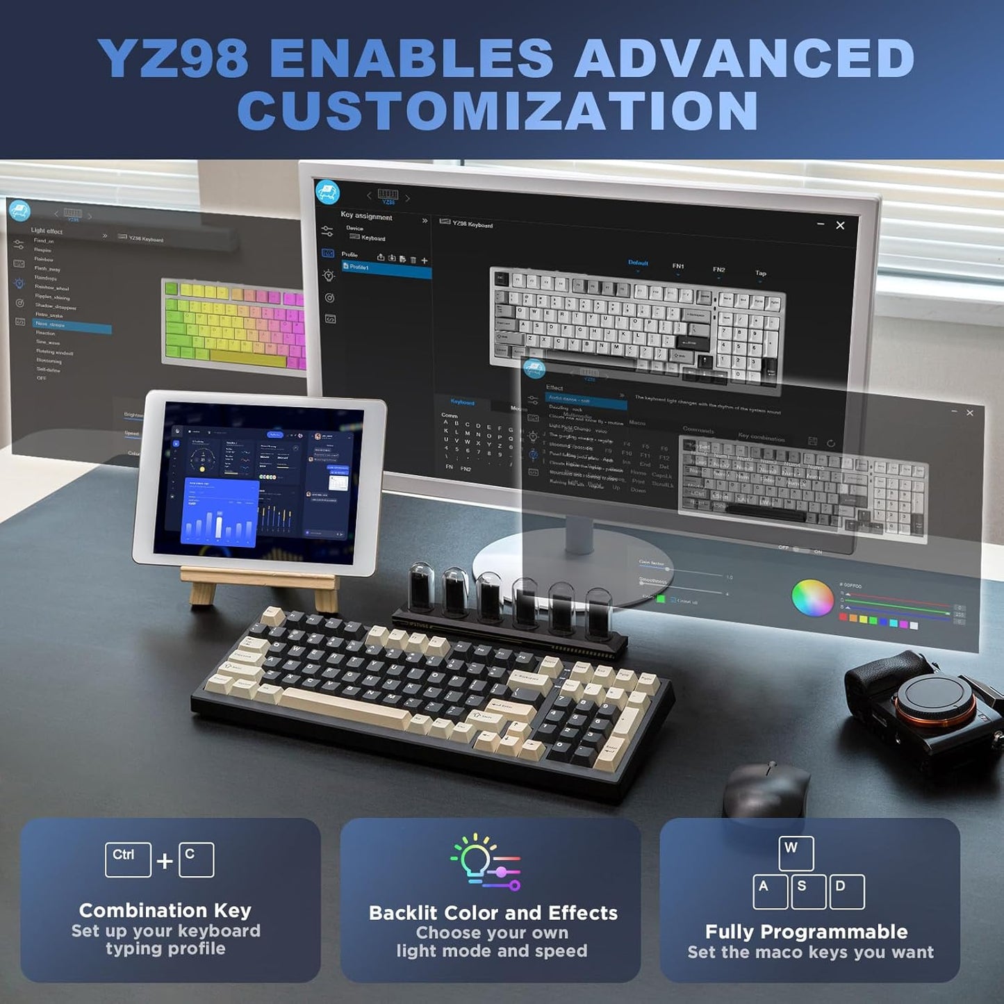 YUNZII YZ98 Gasket Mechanical Keyboard,99 Key Hot Swappable BT5.0/2.4G/USB-C Wireless NKRO 98% 1800 Layout with RGB LED Backlit for Linux/Win/Mac(Milk Switch, Black)