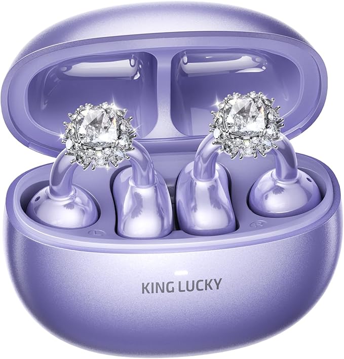 Kinglucky Jewelry-Inspired Clip-On Earbuds with Diamond Earrings, Comfortable Fit & 40H Playtime Open Ear Bluetooth 5.4 Wireless Headphones for Women, Small Ears, Sports & Workouts (Purple)