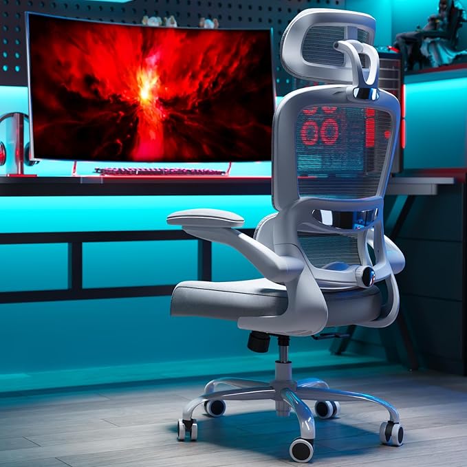 TRALT Office Chair Ergonomic Desk Chair, 330 LBS Home Mesh Office Desk Chairs with Wheels, Comfortable Gaming Chair, High Back Office Chair for Long Hours (Light Grey)