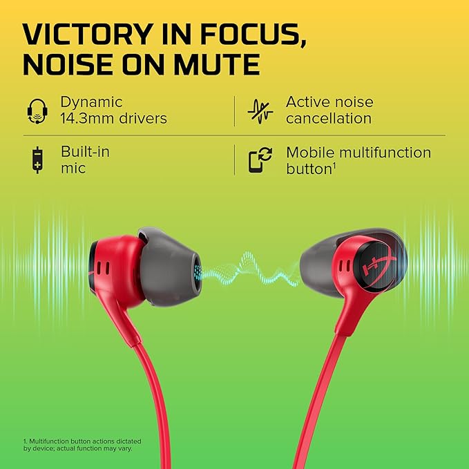 HyperX Cloud Earbuds II – 14mm Drivers, Four Eartips, Hard-Shell Carrying Case, Low-Profile 90° Plug, 3.5mm Plug, Built-in Microphone, Multi-Function Button, PC, Mobile, Nintendo Switch – Red