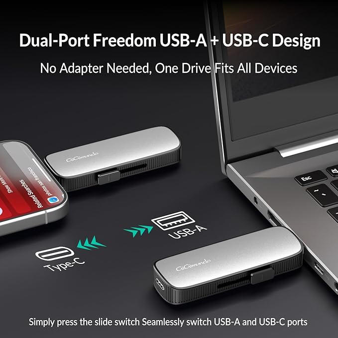 GiGimundo 128GB External Portable SSD, Up to 1073MB/s Dual Port USB C Thumb Drive USB 3.2 Gen 2+USB A Solid State Drives for iPhone 15/16/17/Android/Mac,Silver