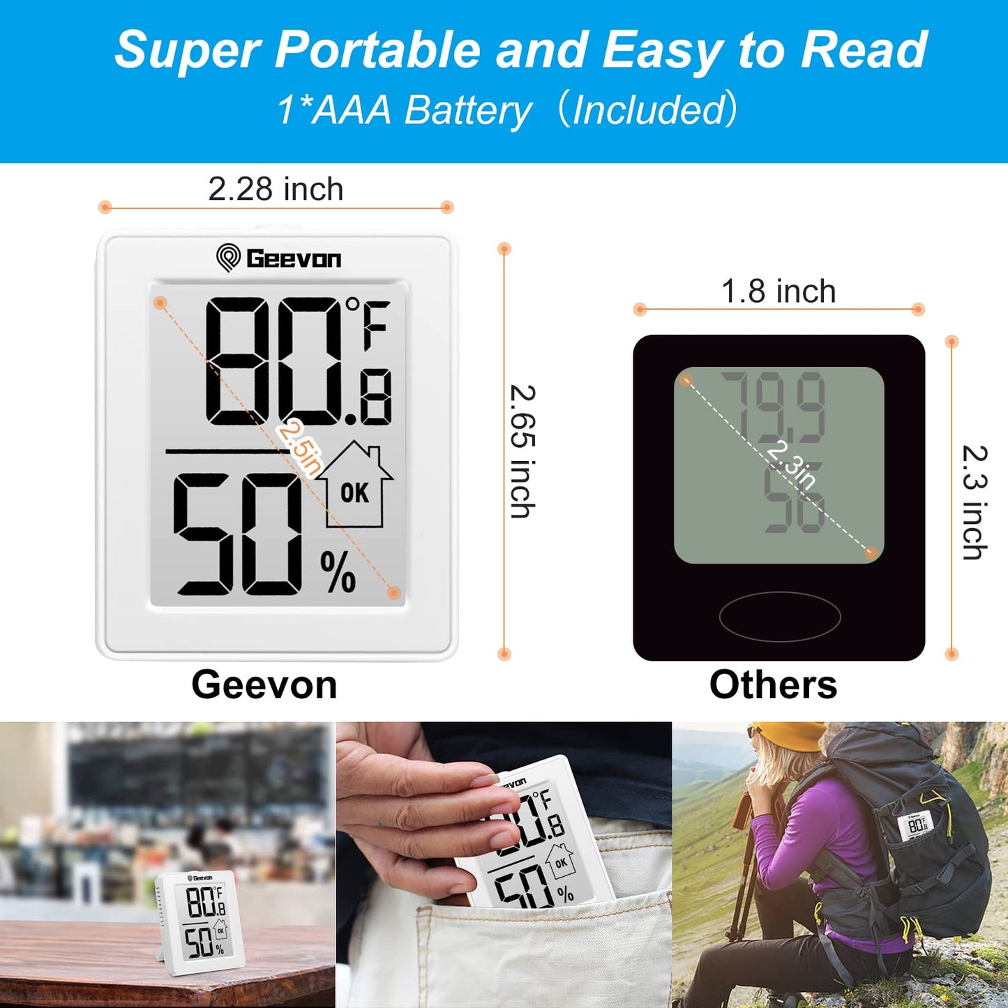 Geevon 2 Pack Hygrometer Indoor Thermometer Room Humidity Gauge with Battery, Digital Temperature Gauge Humidity Meter Indicator for Home, Office, Greenhouse, Mini Hygrometer,White