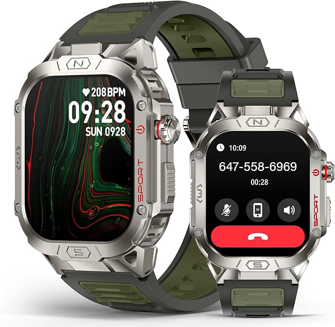 Military Smart Watch for Men, 2.02" Outdoor Sport Smartwatch with Flashlight, Heart Rate Blood Oxygen Blood Pressure Sleep, 100+ Sport Modes Fitness Tracker Compatible Android and iOS Green