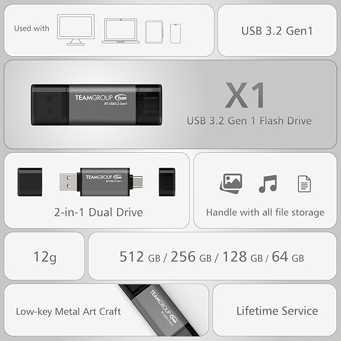 TEAMGROUP X1 64GB USB 100MB/s 3.2 Gen 1 Type A & Type C (3.1/3.0) OTG Dual Interface USB Flash Drive Data Storage Memory Stick Compatible with Smartphone/Tablet/Laptop/PC/MacBook TX1364GC01