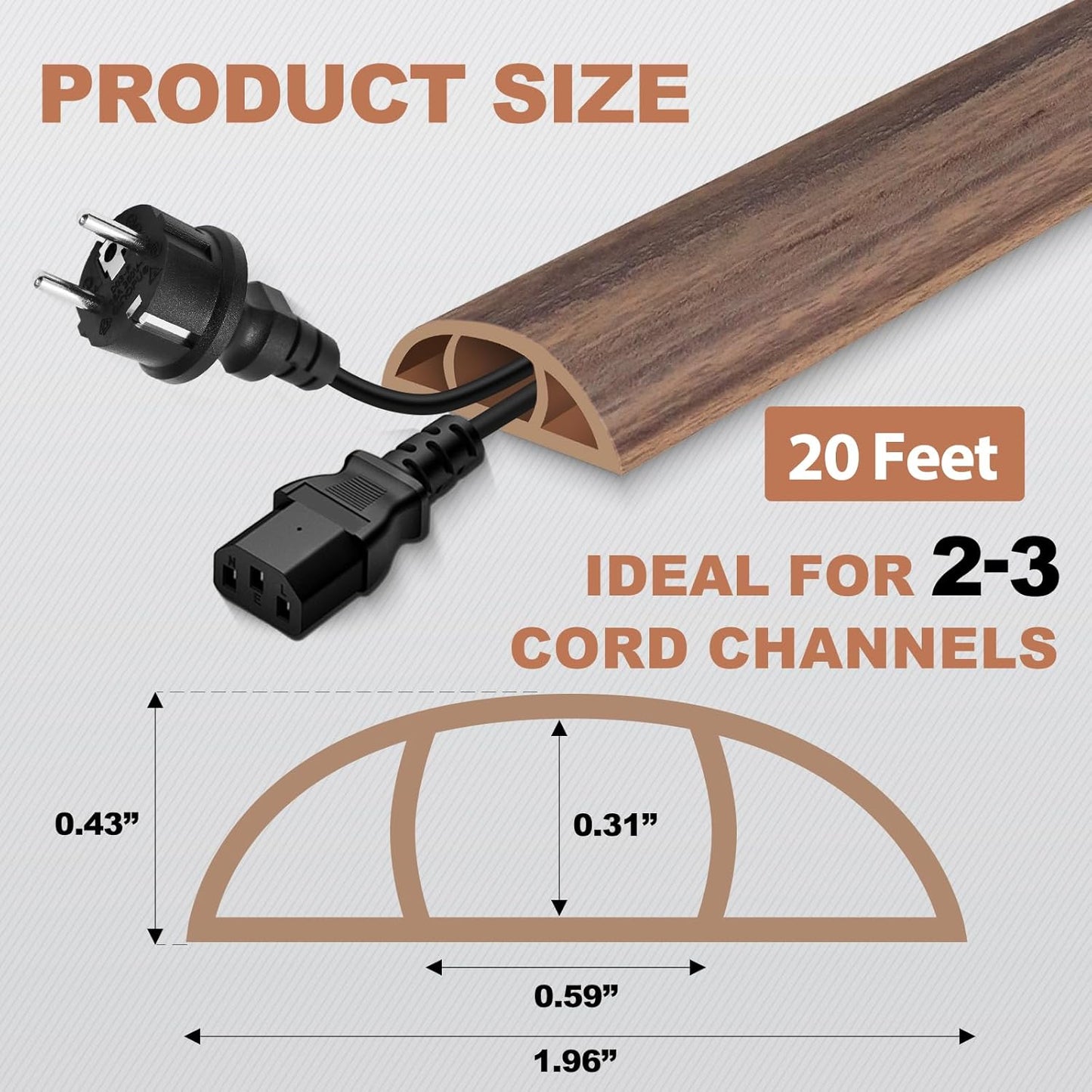 Floor Cord Cover for Wires on Floor Self Adhesive Cord Hider Floor Cable Management Wire Covers for Cords Protector Prevent Cable Trips Cord Cavity W 0.59" x H 0.31", Misty Brown Wood, 20Ft