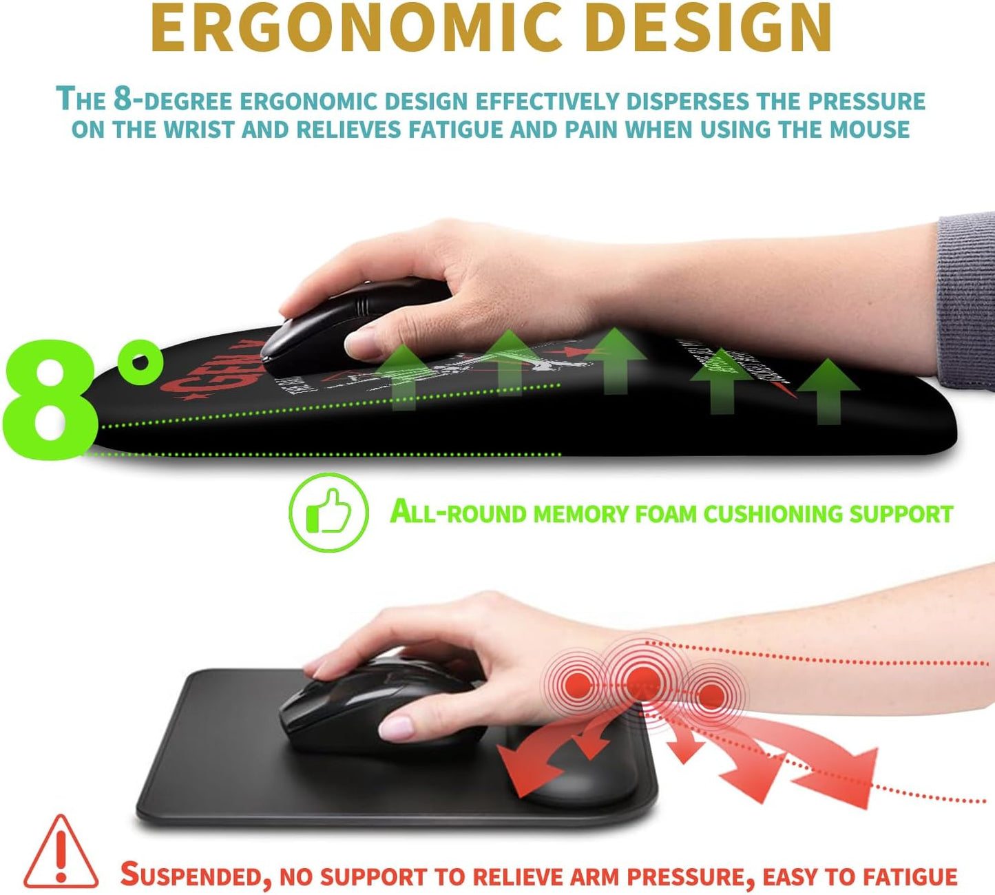 Hokafenle Ergonomic Mouse Pad Wrist Support with Massage Design, Wrist Rest Pain Relief Mousepad with Memory Foam&Non-Slip PU Base, Mouse Pads for Wireless Mouse & Desk (12x8 inch,Gen X)