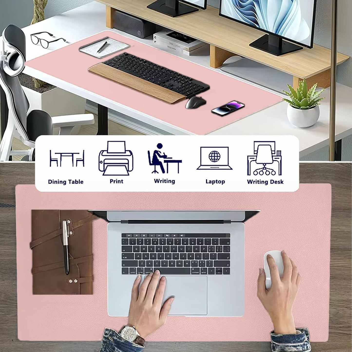 PU Leather Desk Pad Protector Gaming Mouse Pad Non Slip Desk Mat for Keyboard and Mouse Waterproof Desk Writing Pad for Office and Home Desk Accessories(Pink, 35.4 * 17.7)