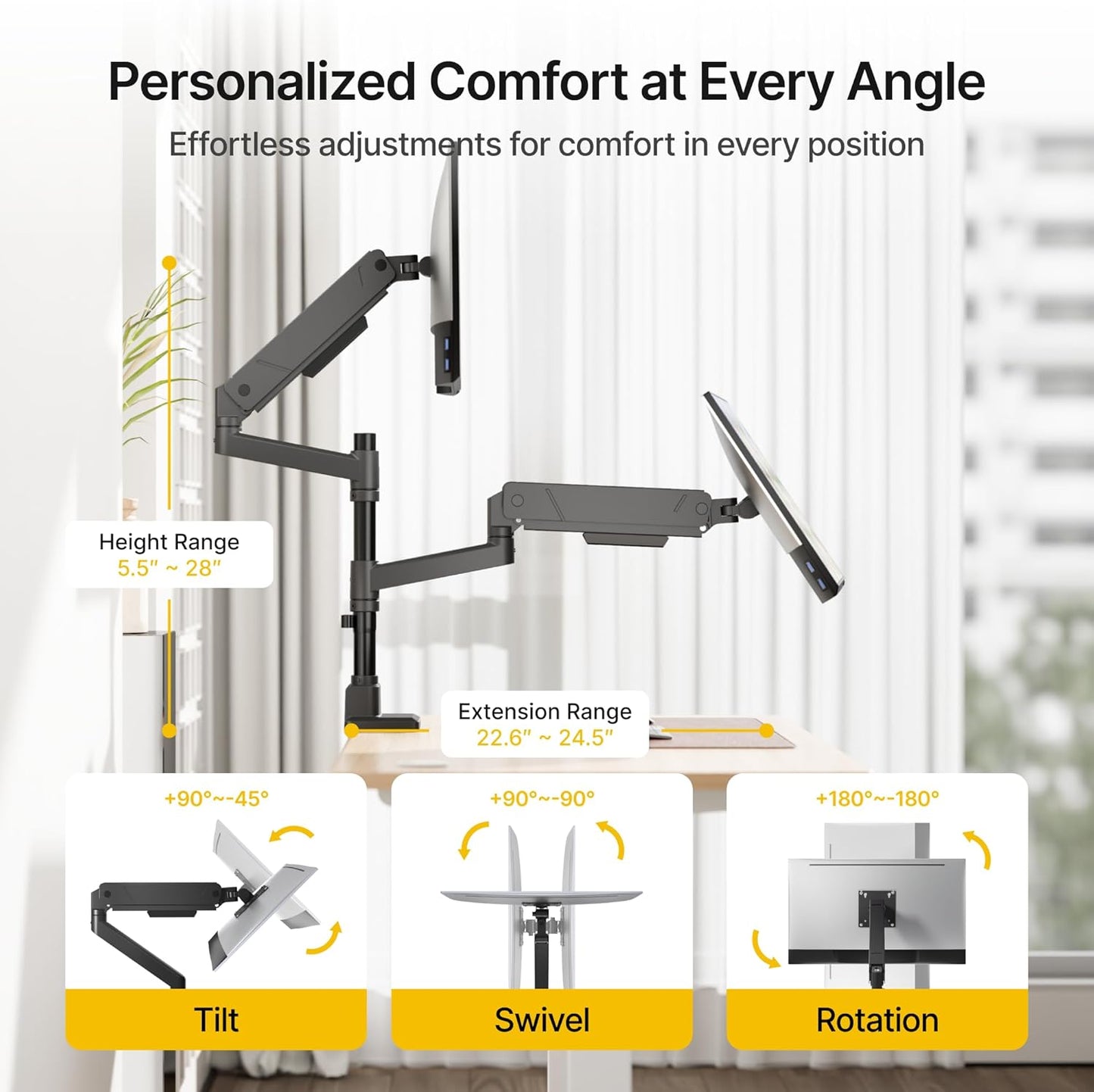 monTEK Dual Monitor Mount Tall Monitor arms for 2 Monitors for 17 to 35 Inch Curved Screen Holds 35 Lbs Adjustable Heavy Duty Monitor Desk Mount Cable Management, VESA 75/100mm, MA1007PBK-D