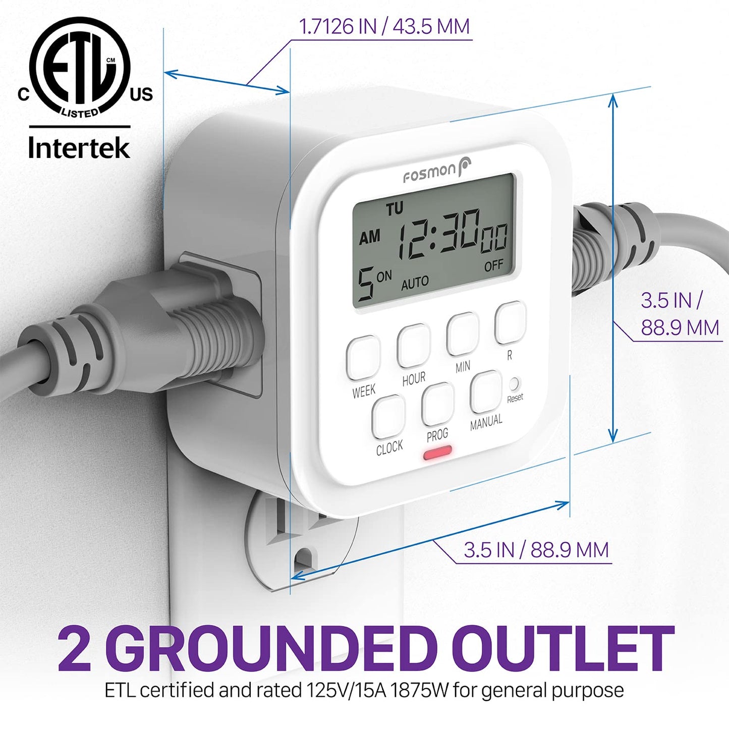 Fosmon 7 Day Digital Timers for Electrical Outlets, Indoor Plug-in Light Timers Switch Programmable, Electric Wall Plug for Lamp, Grow Reptile Lights, Aquarium, 15A/1875W, Grounded