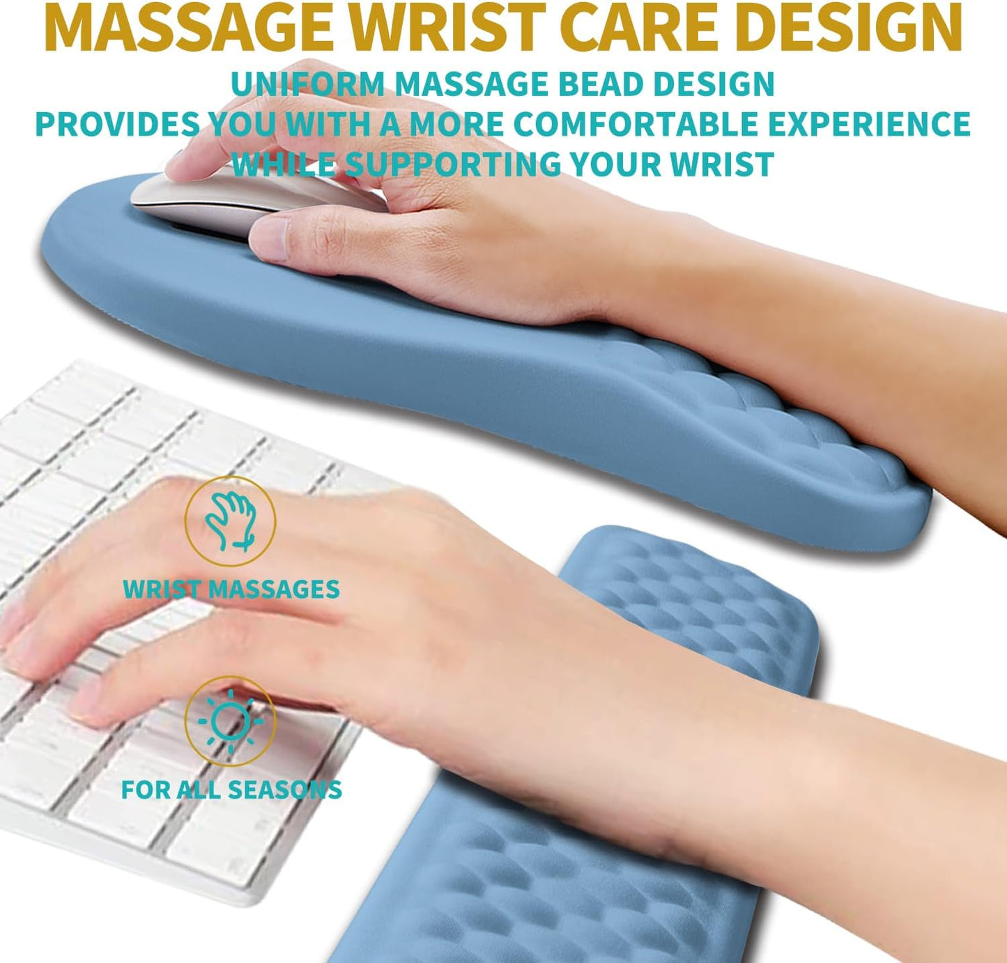 Hokafenle 2 in 1 Ergonomic Mouse Pad Wrist Support & Wrist Rest for Computer Keyboard Set, with Relieve Carpal Tunnel Pain Massage Bulge and Full Memory Gel Design (2In1 Set, Lake Blue)
