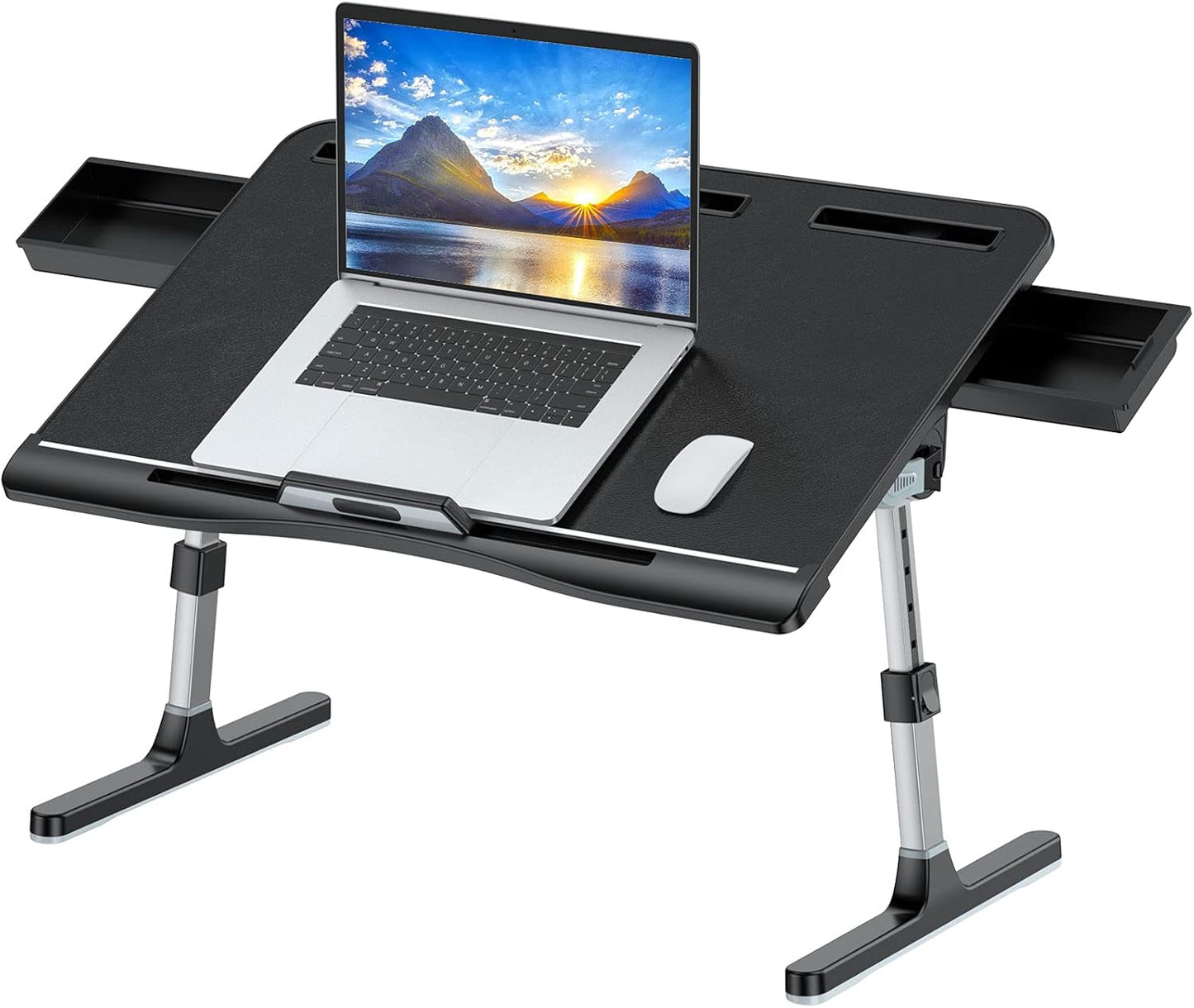 Laptop Bed Tray Table [Luxury PVC Leather], Adjustable Laptop Desk for Bed, Foldable Lap Desk for Laptop with 2 Drawers, Multifunctional Table for Working, Eating, Writing, Gaming, Drawing