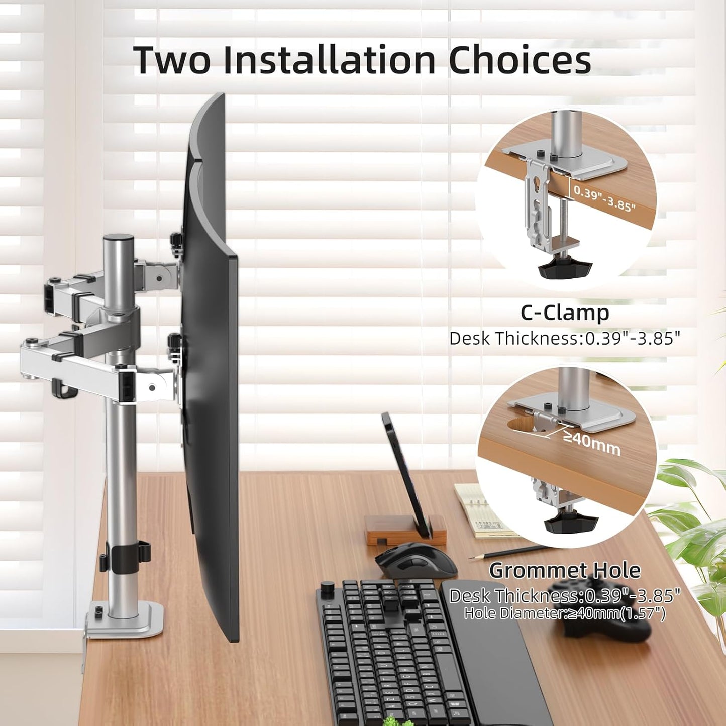 Suptek Dual Monitor Desk Mount, Adjustable Dual Monitor Arm for 2 Monitor Screens up to 42 inch, Extra Tall 15.75" Pole Monitor Stand for Desk, Holds up to 22 lbs,Silver(MD9442LS)