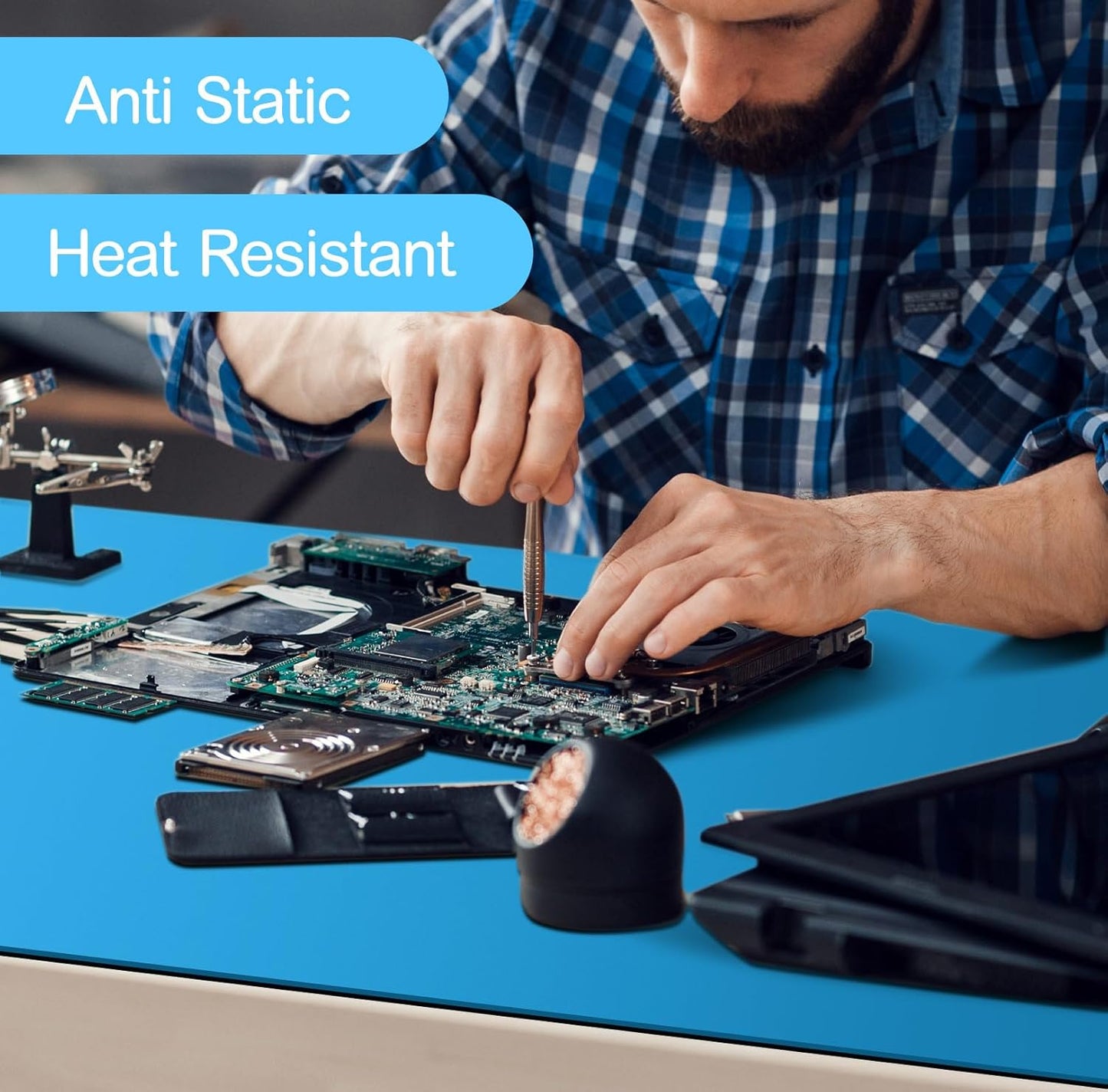 Anti-Static Mat Kits Includes Heat Resistant ESD Mats Anti Static Wrist Straps Grounding Cords Rubber Soldering Table ESD Pad for Computer PC Building Electronics Repair(2 Pack,17 x 25 in)