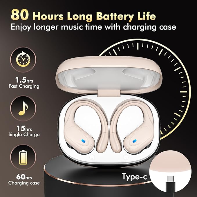 Wireless Earbuds, Sports Bluetooth Headphones, 80Hrs Playtime Ear Buds with LED Power Display, Noise Canceling Headset, IPX7 Waterproof Earphones for Workout/Running (Camel)